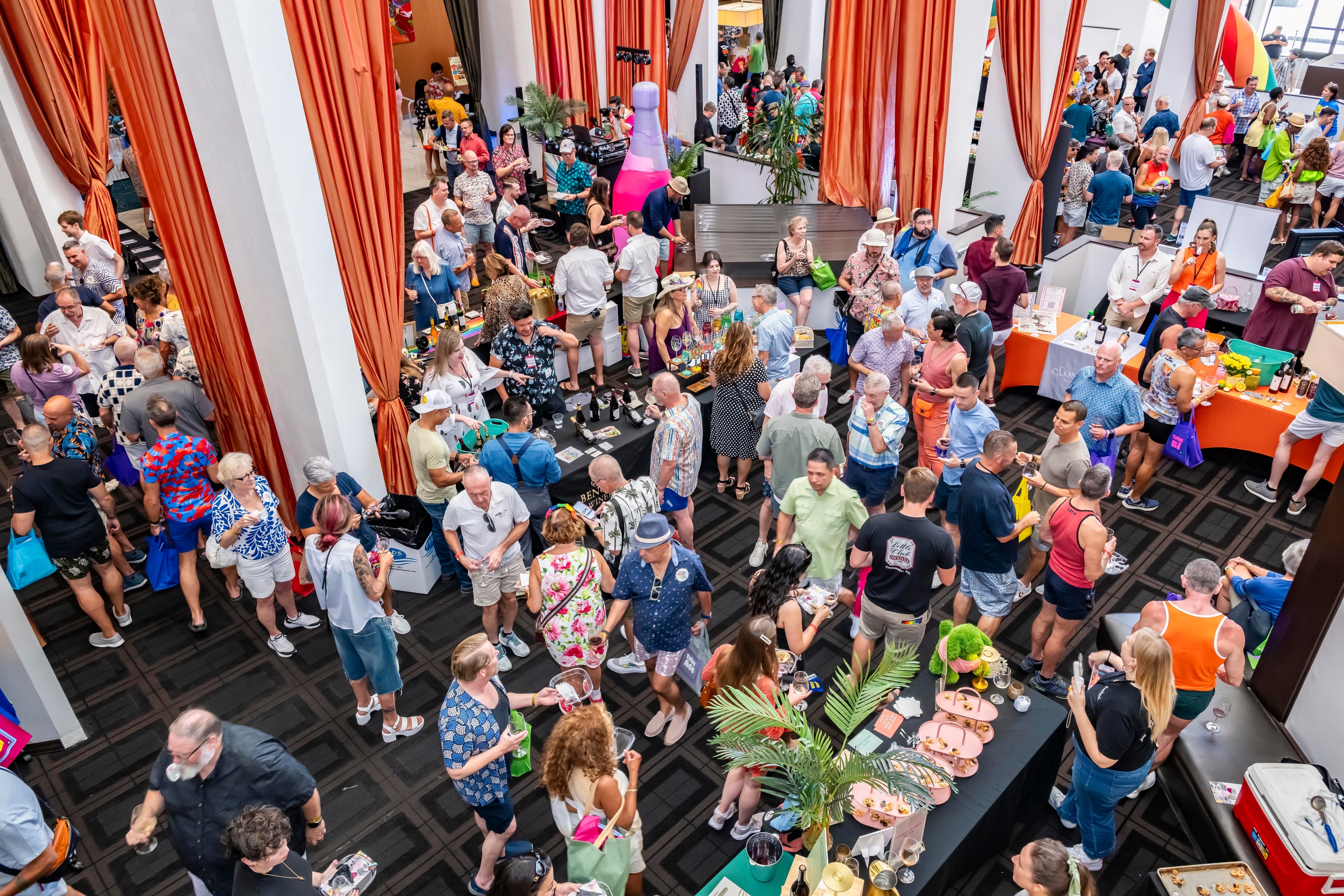 Large indoor event gathering overhead view